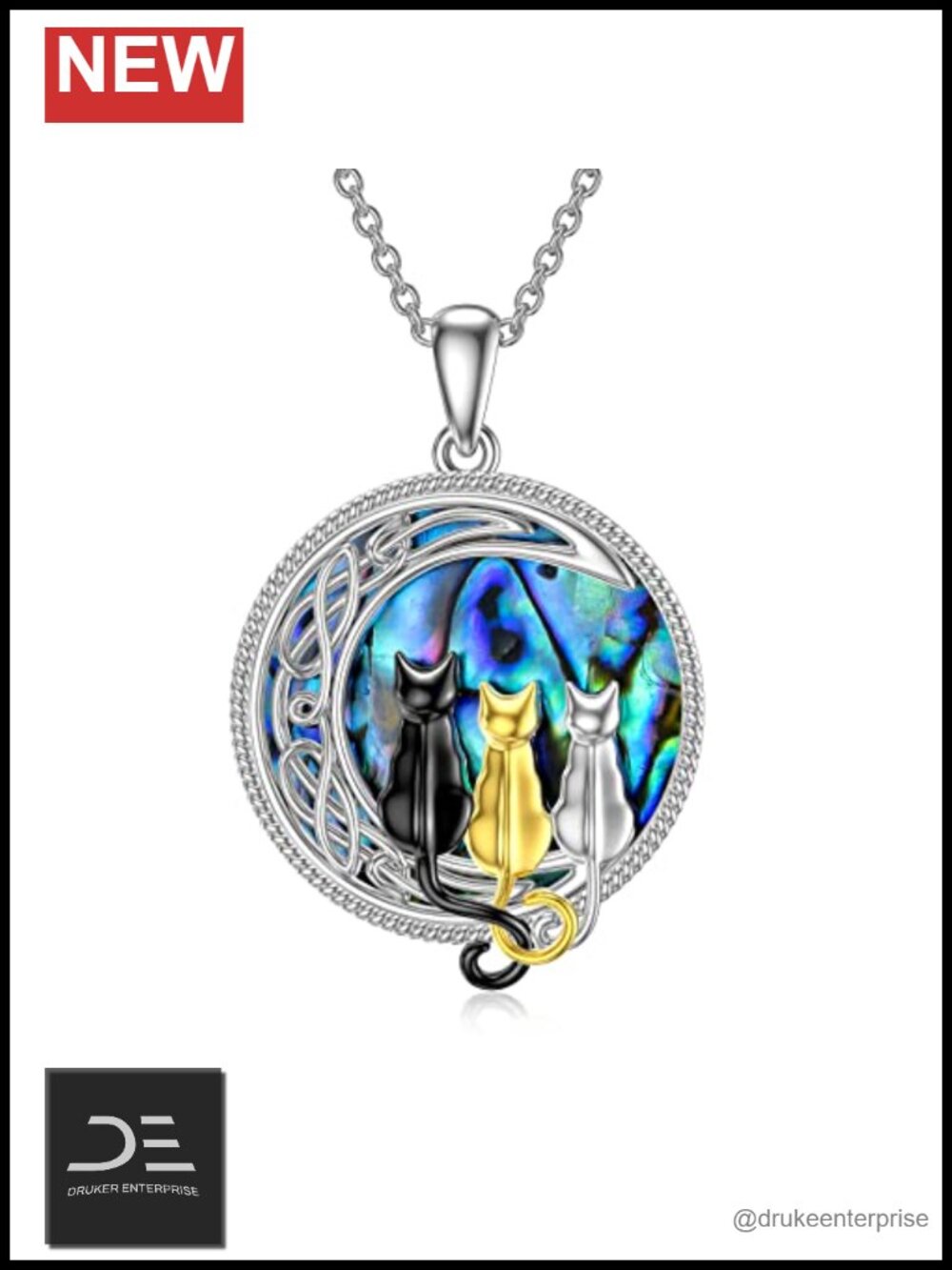 Sterling Silver Cat Necklace Abalone Shell Three Cats Moon Pendant Jewelry